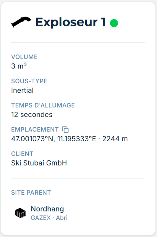 La fiche d’Exploder 1 dans alpinesite — volume, sous-type, temps d’allumage et installation parente.