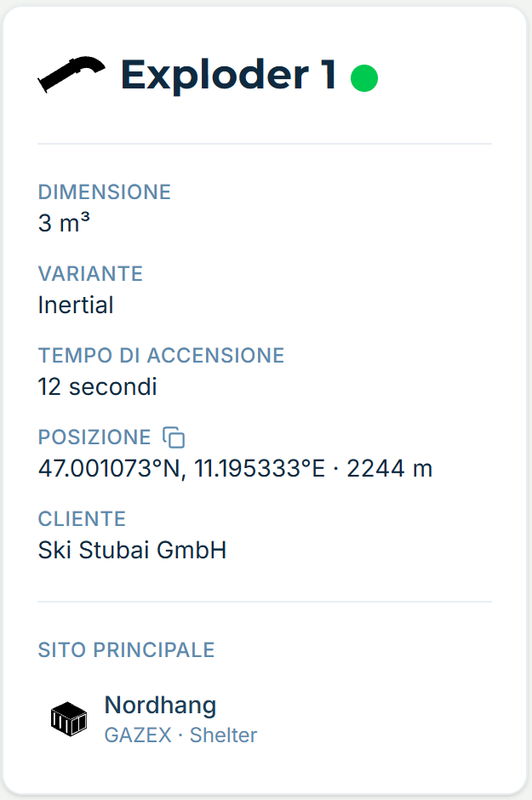La pagina di Exploder 1 in alpinesite — dimensione, sottotipo, tempo di accensione e impianto di appartenenza.
