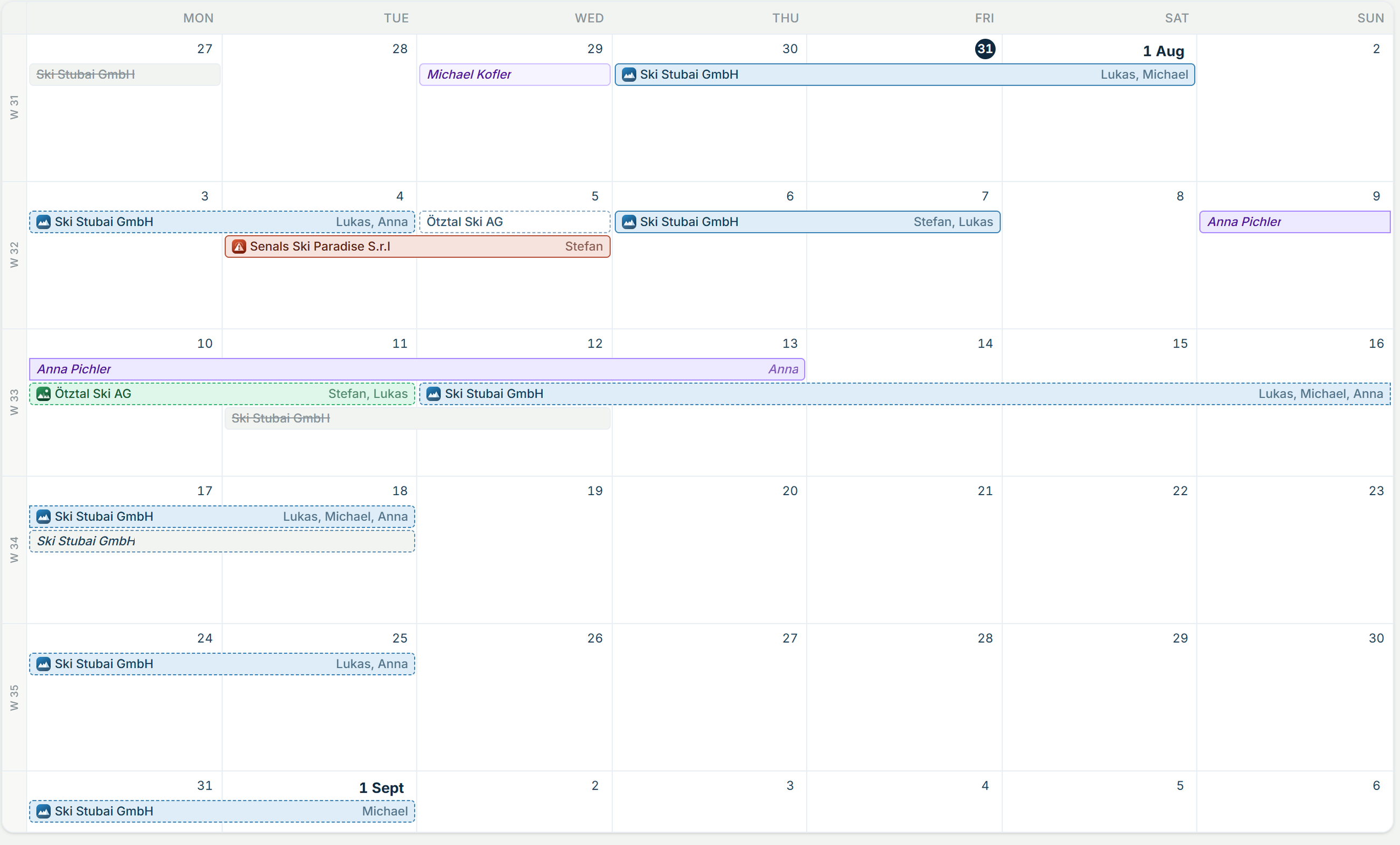The alpinesite month planner — visits by day, with the assigned technicians named.