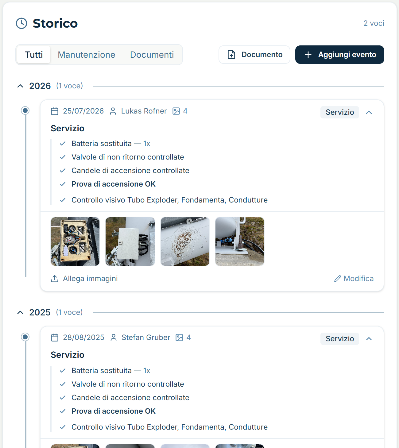 Lo storico di Exploder 1 in alpinesite — ogni intervento con la lista di controllo completata.