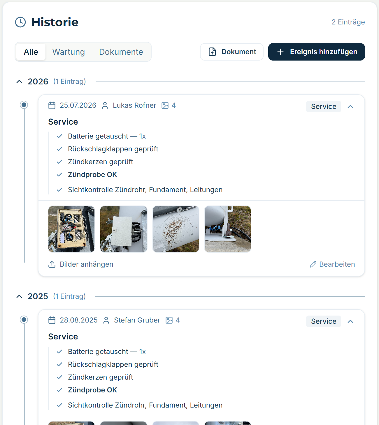 Die Historie von Exploder 1 in alpinesite — jeder Service mit der abgearbeiteten Checkliste.