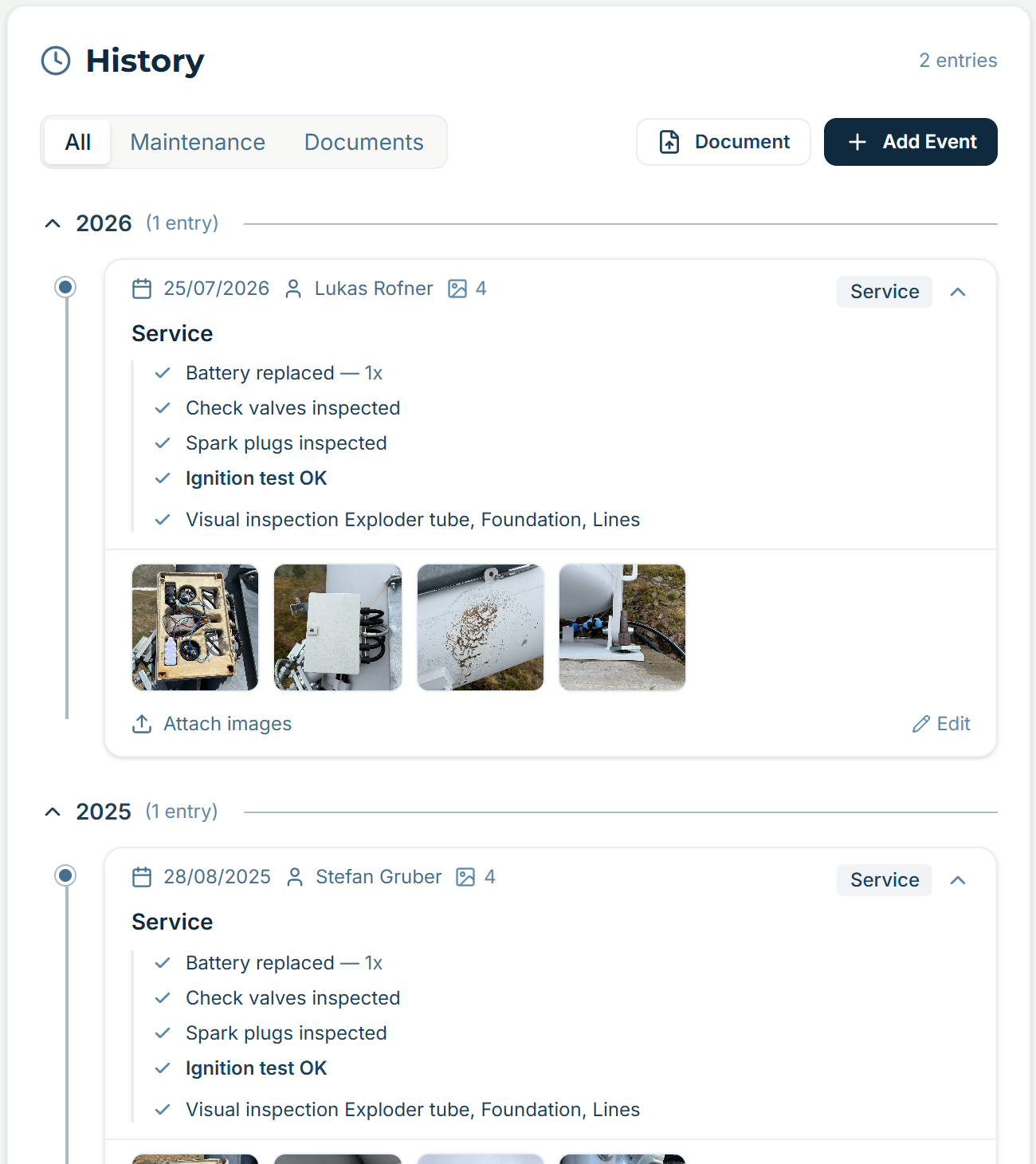 Exploder 1’s history in alpinesite — each service with the checklist the technician completed.