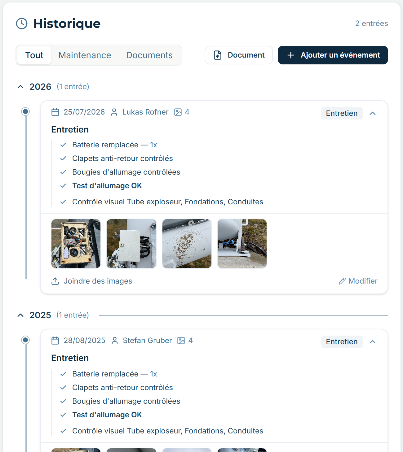 L’historique d’Exploder 1 dans alpinesite — chaque intervention avec la liste de contrôle remplie.