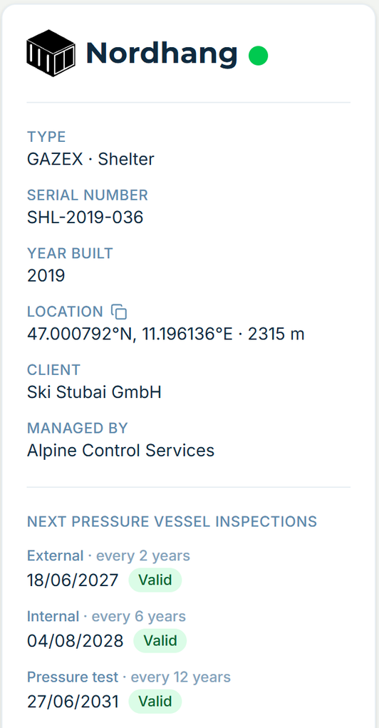 The Nordhang site page in alpinesite — type, serial number, coordinates and the next pressure-vessel inspections.