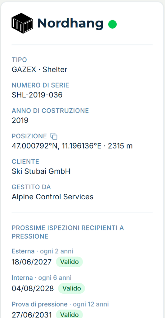 La pagina dell’impianto Nordhang in alpinesite — tipo, numero di serie, coordinate e le prossime verifiche dei recipienti in pressione.