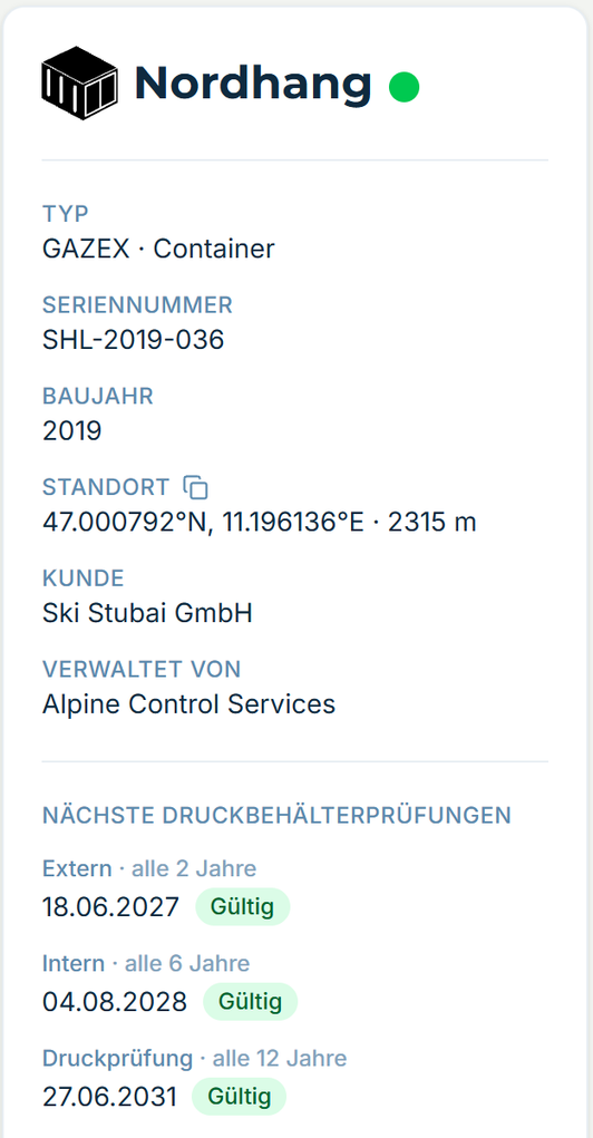 Die Anlagenseite Nordhang in alpinesite — Typ, Seriennummer, Koordinaten und die nächsten Druckbehälterprüfungen.