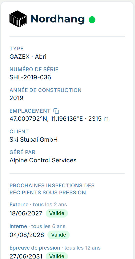 La fiche de l’installation Nordhang dans alpinesite — type, numéro de série, coordonnées et prochaines vérifications des réservoirs sous pression.
