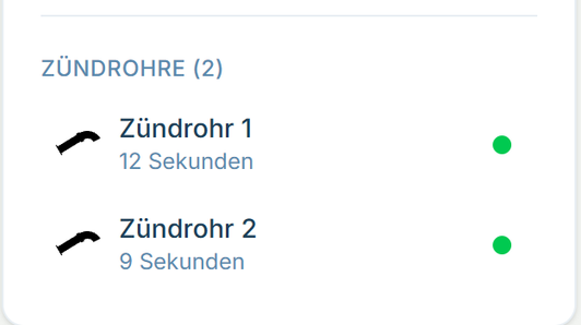 Die beiden Rohre am Nordhang, jeweils mit Zündzeit und Status.