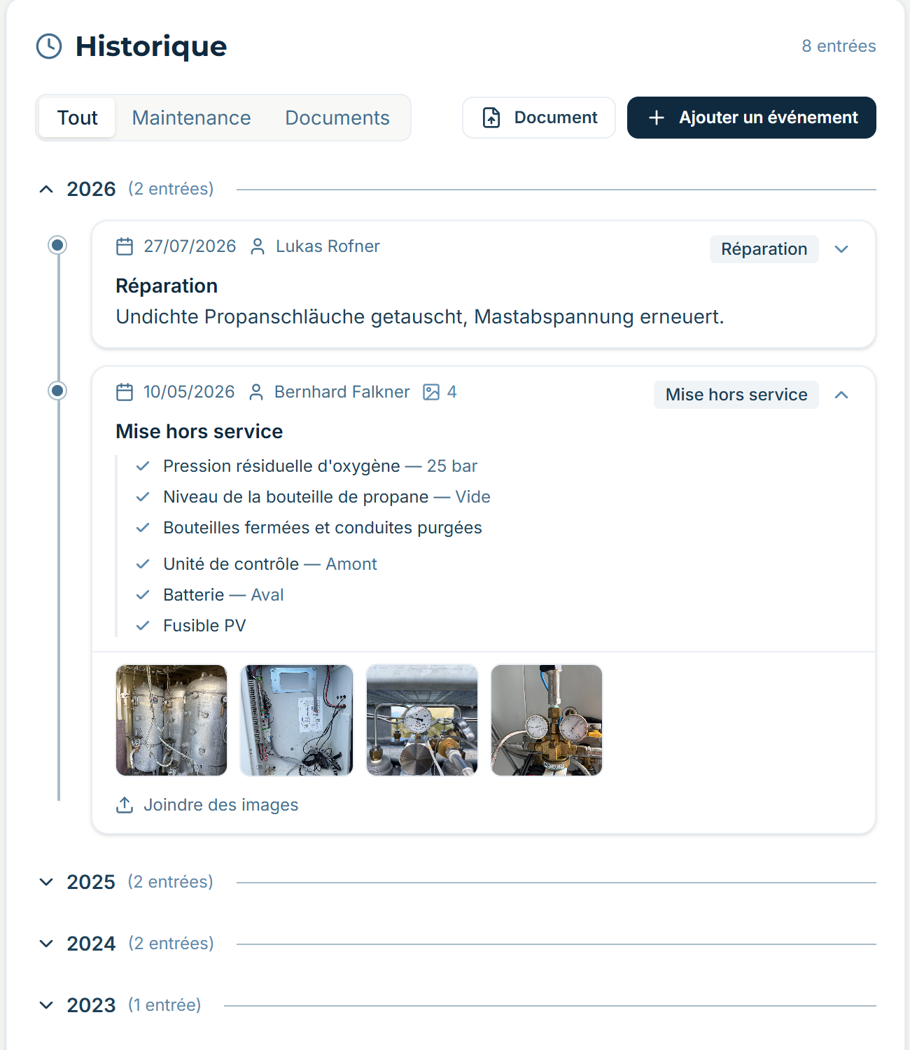 L’historique de l’abri dans alpinesite — réparations, mises hors service et mises en service saisonnières, groupées par année.